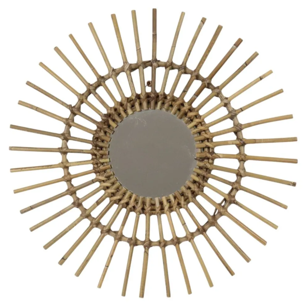Miroir en rotin et bambou en forme de soleil du milieu du siècle, France, 58 cm