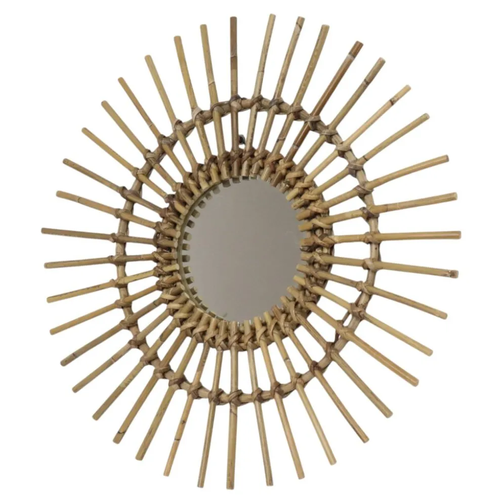 Miroir en rotin et bambou en forme de soleil du milieu du siècle, France, 58 cm