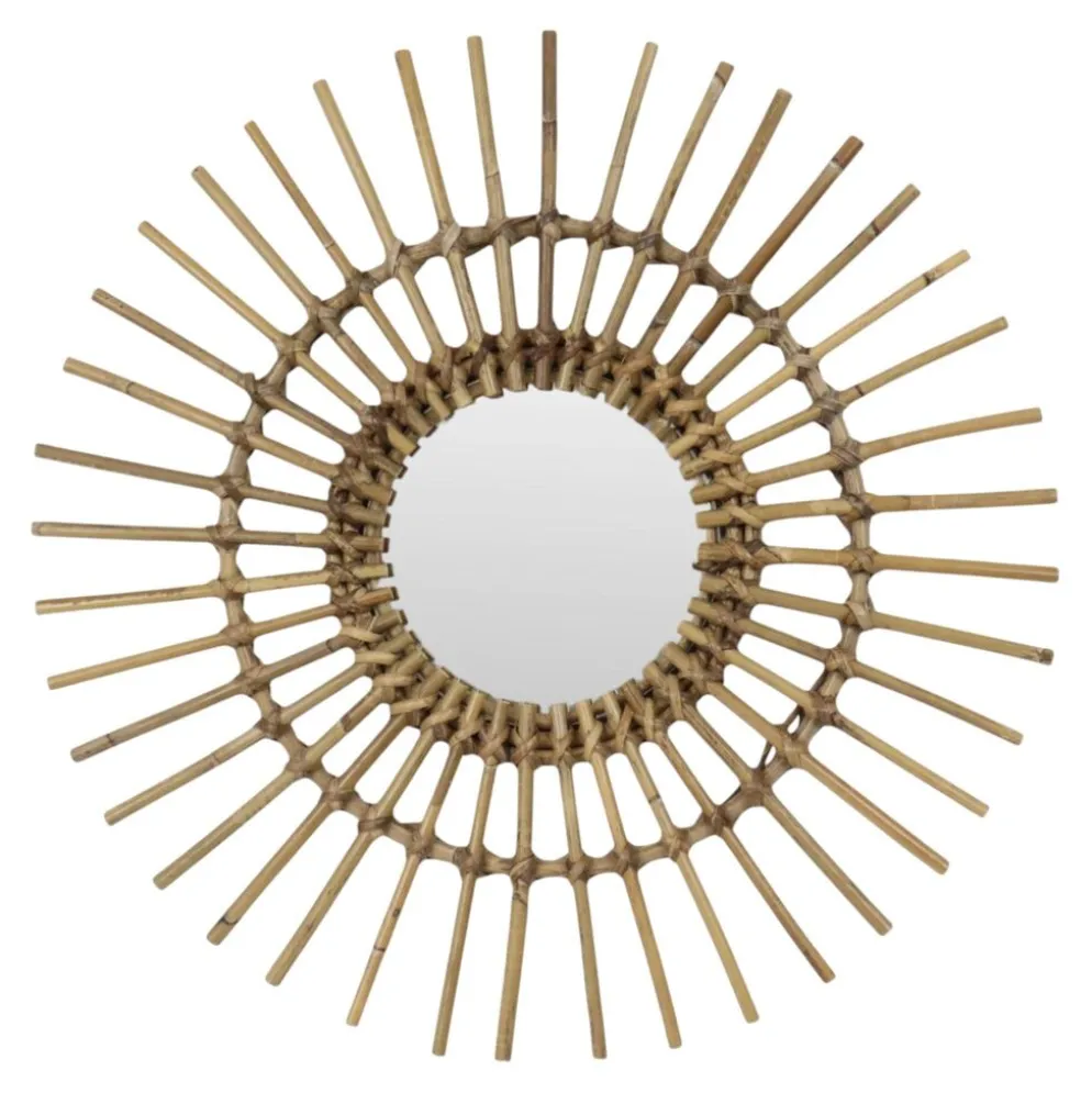 Miroir en rotin et bambou en forme de soleil du milieu du siècle, France, 58 cm