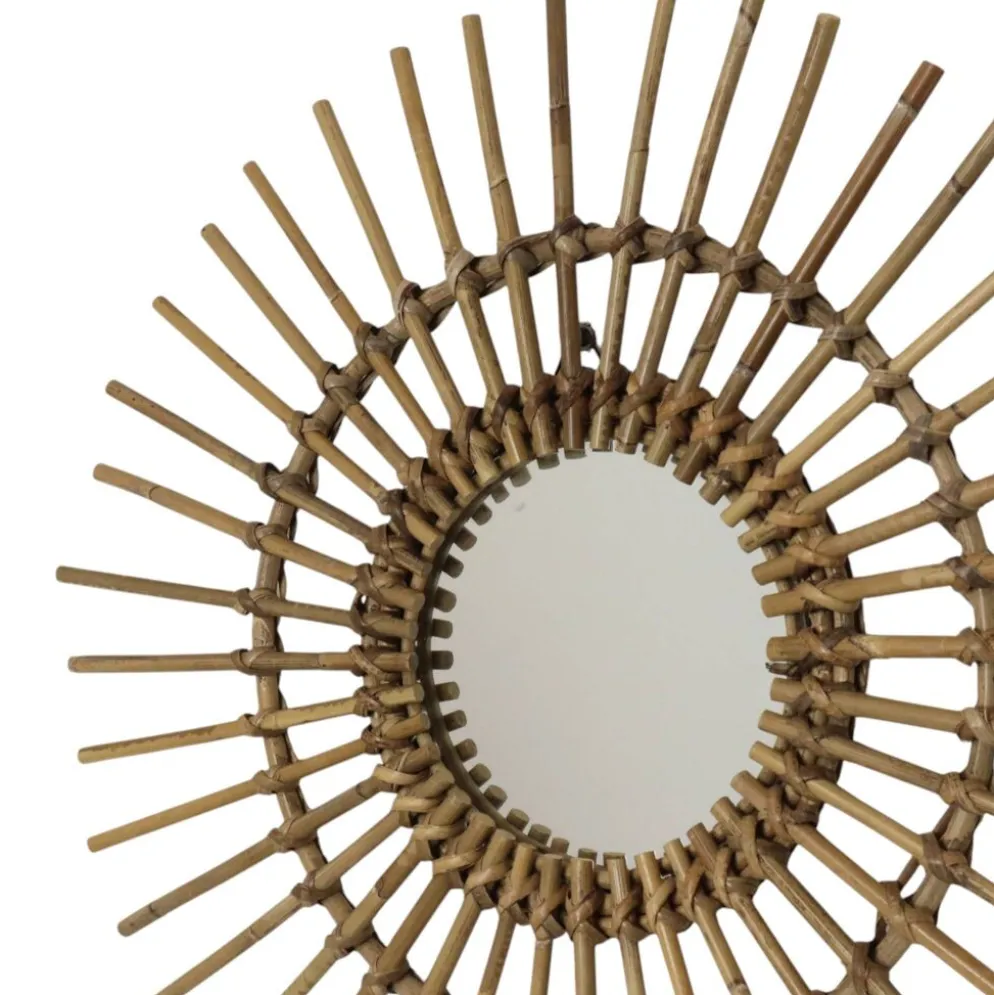 Miroir en rotin et bambou en forme de soleil du milieu du siècle, France, 58 cm