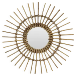 Miroir en rotin et bambou en forme de soleil du milieu du siècle, France, 58 cm