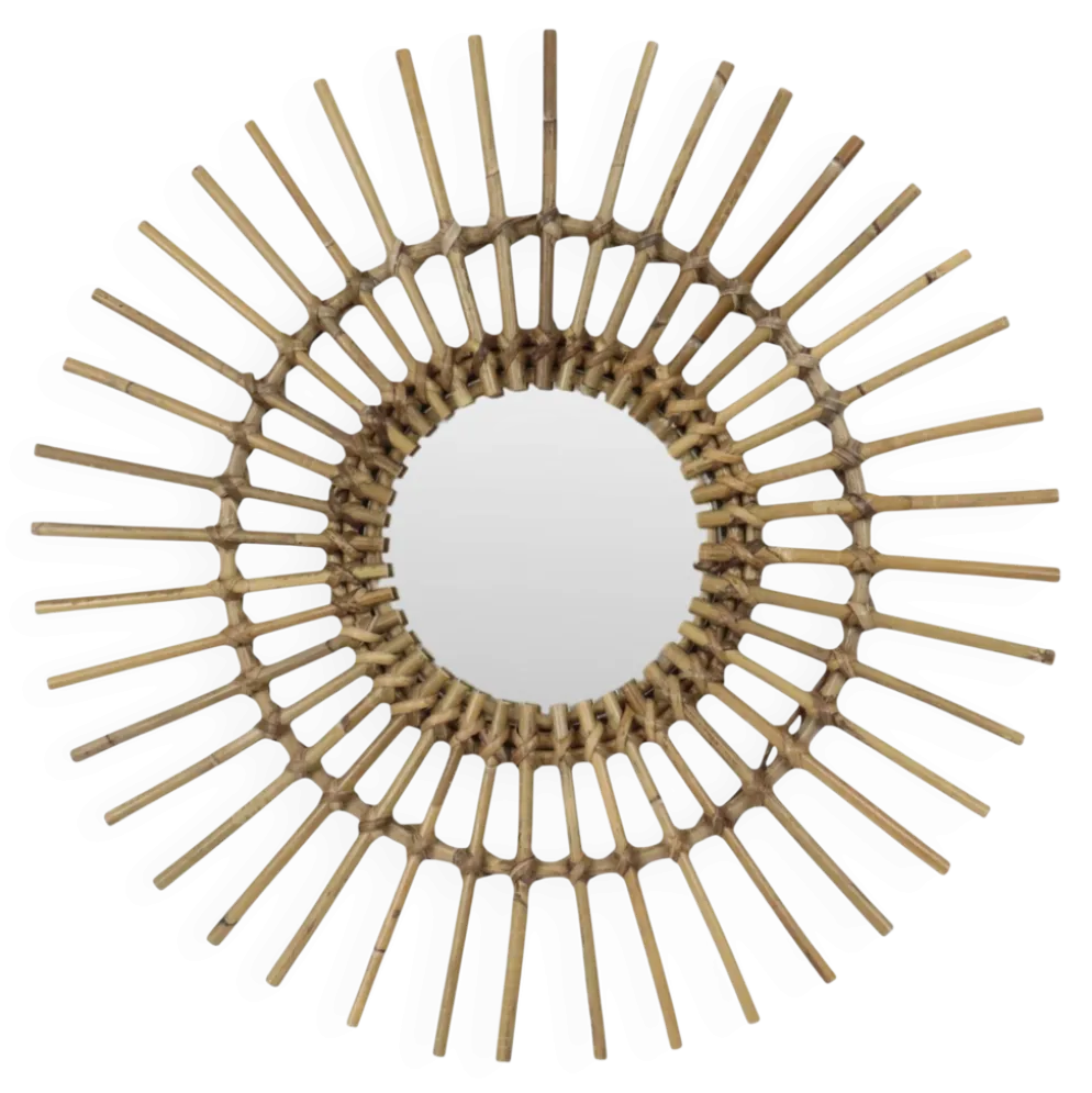Miroir en rotin et bambou en forme de soleil du milieu du siècle, France, 58 cm