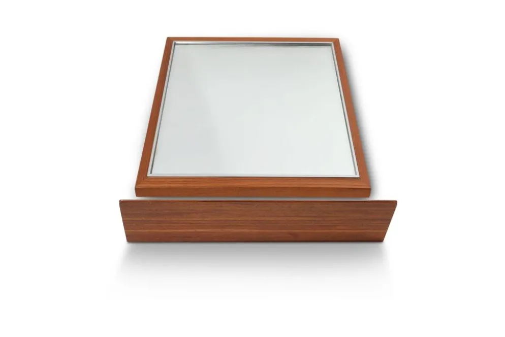 Miroir en teck du milieu du siècle avec étagère attribué à De Coene, Belgique, années 1960.