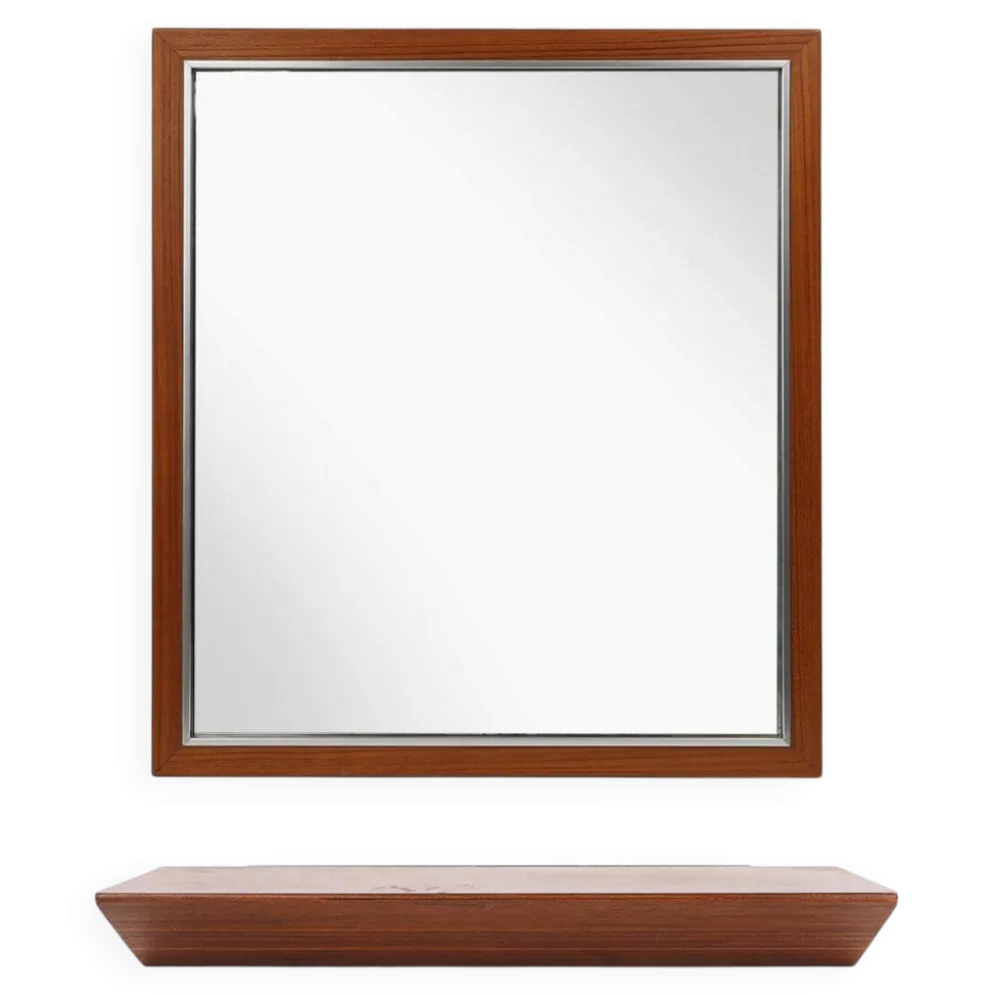 Miroir en teck du milieu du siècle avec étagère attribué à De Coene, Belgique, années 1960.