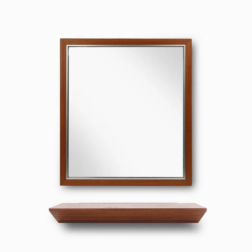 Miroir en teck du milieu du siècle avec étagère attribué à De Coene, Belgique, années 1960.