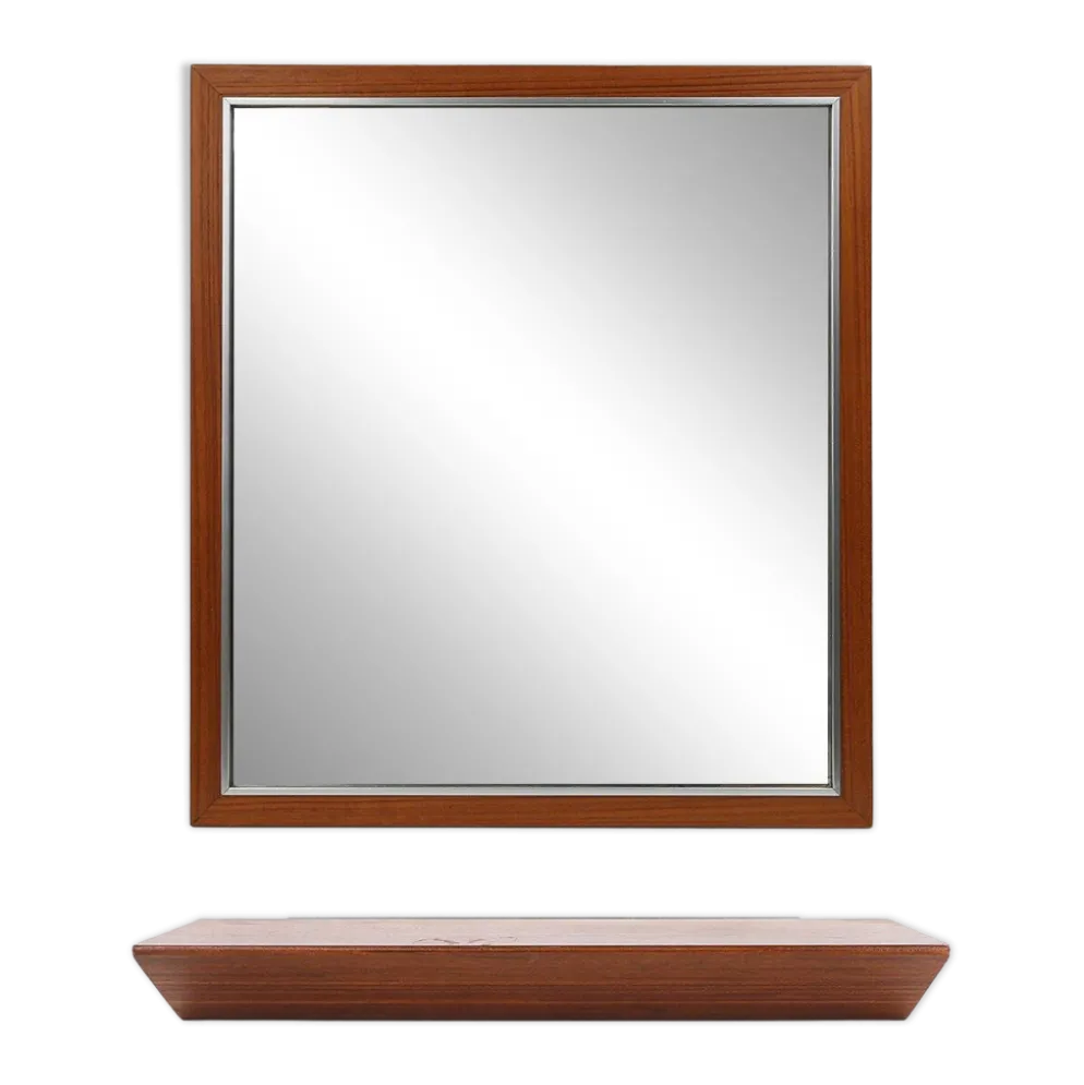 Miroir en teck du milieu du siècle avec étagère attribué à De Coene, Belgique, années 1960.