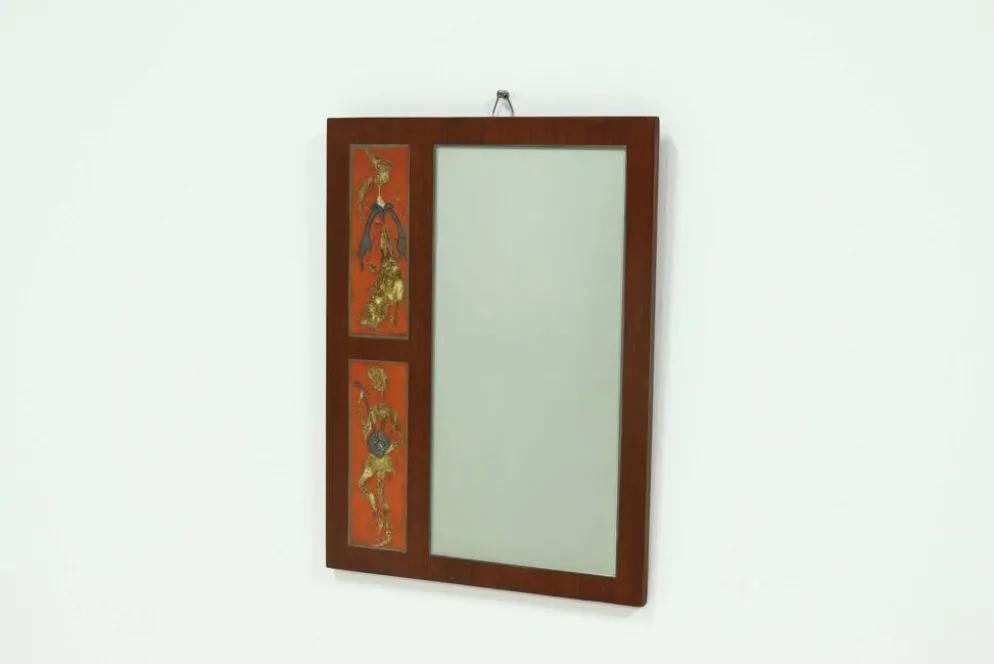 Miroir en teck et céramique par Atelier Pinson, années 1960