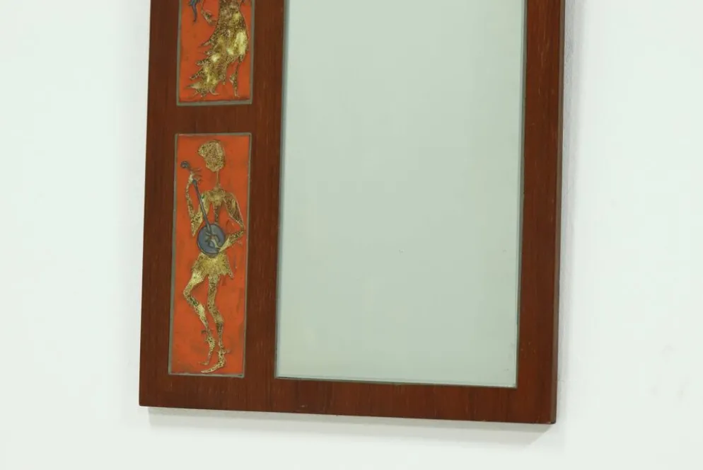 Miroir en teck et céramique par Atelier Pinson, années 1960