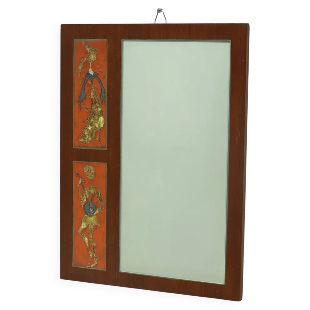 Miroir en teck et céramique par Atelier Pinson, années 1960