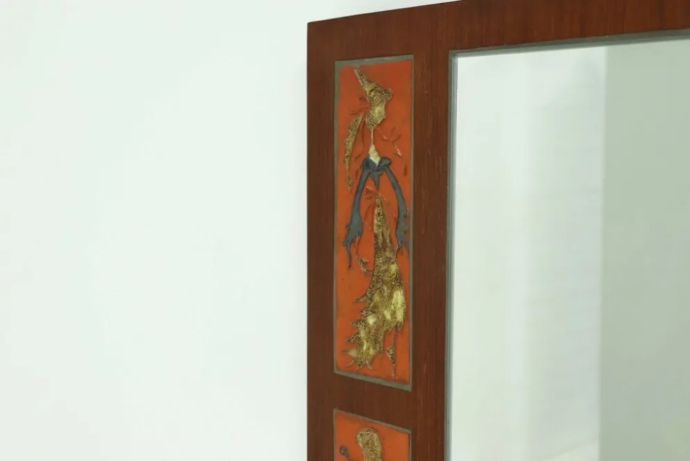 Miroir en teck et céramique par Atelier Pinson, années 1960
