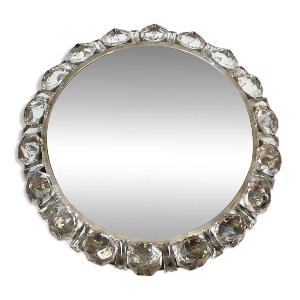 Miroir en verre cristal rond illuminé de Palwa, Allemagne de l'Ouest, années 1950.