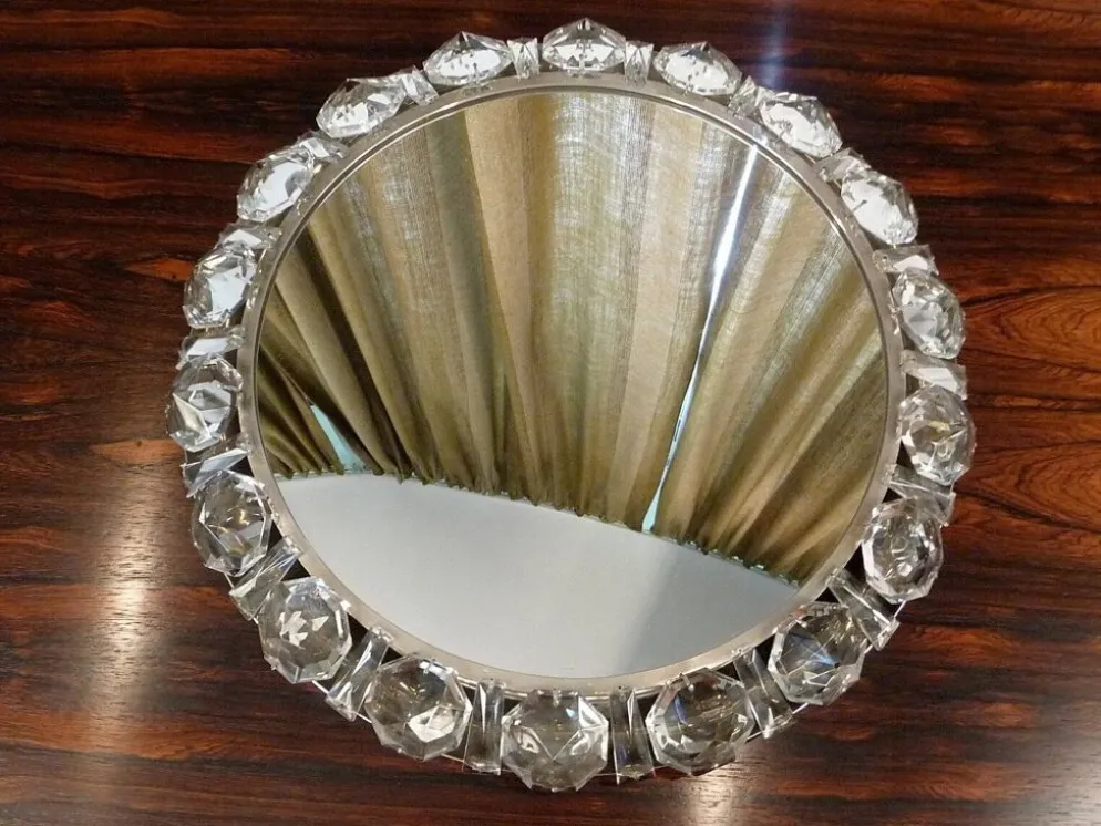 Miroir en verre cristal rond illuminé de Palwa, Allemagne de l'Ouest, années 1950.