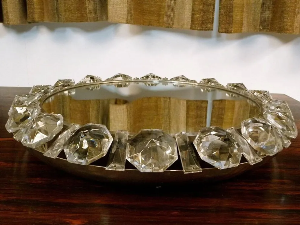 Miroir en verre cristal rond illuminé de Palwa, Allemagne de l'Ouest, années 1950.