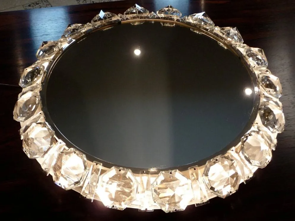 Miroir en verre cristal rond illuminé de Palwa, Allemagne de l'Ouest, années 1950.