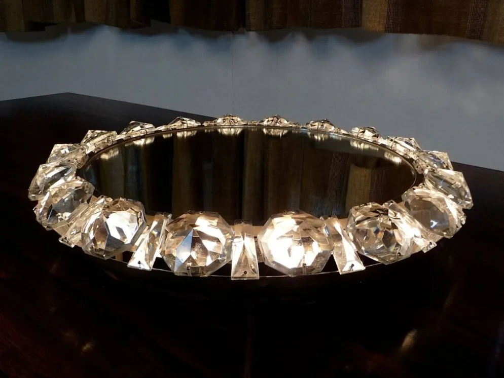 Miroir en verre cristal rond illuminé de Palwa, Allemagne de l'Ouest, années 1950.