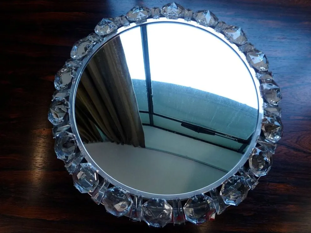 Miroir en verre cristal rond illuminé de Palwa, Allemagne de l'Ouest, années 1950.