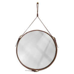 Miroir fait main dans le goût de J. Adnet en cuir tanné végétal marron