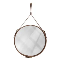 Miroir fait main dans le goût de J. Adnet en cuir tanné végétal marron