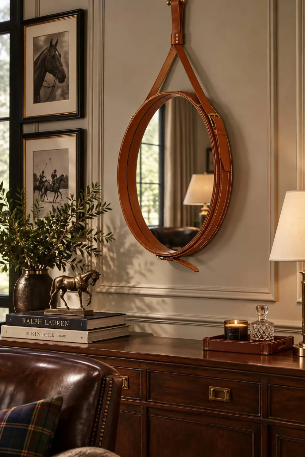 Miroir fait main de style J. Adnet en cuir tanné végétal de couleur tan, ø 45 cm