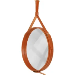 Miroir fait main de style J. Adnet en cuir tanné végétal de couleur tan, ø 45 cm