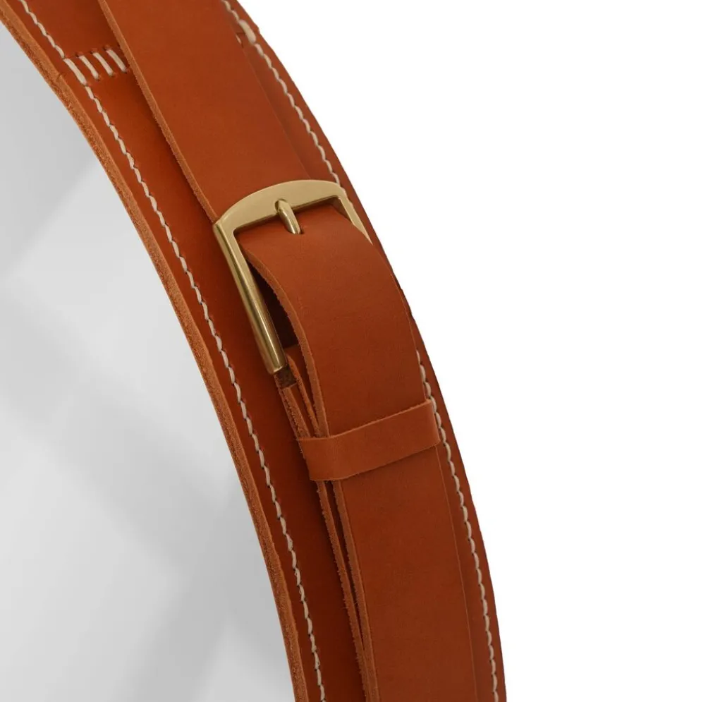 Miroir fait main de style J. Adnet en cuir tanné végétal de couleur tan, ø 45 cm