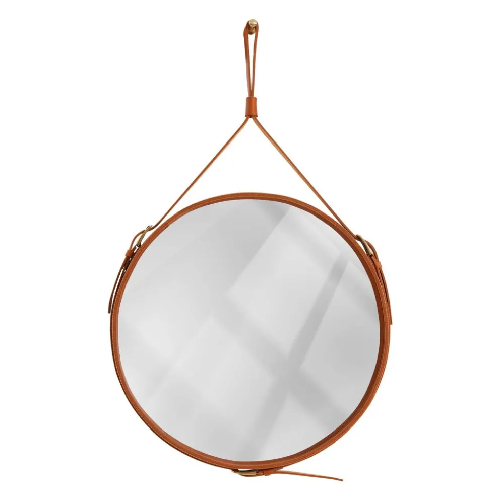 Miroir fait main de style J. Adnet en cuir tanné végétal de couleur tan, ø 45 cm