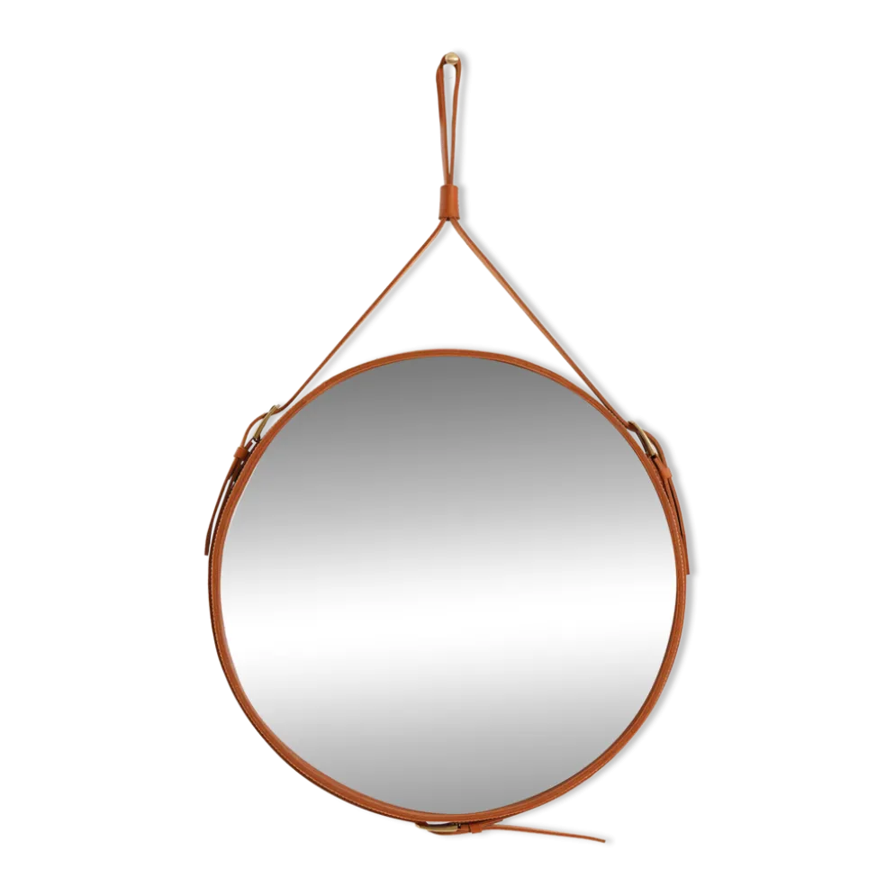 Miroir fait main de style J. Adnet en cuir tanné végétal de couleur tan, ø 45 cm