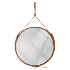 Miroir fait main de style J. Adnet en cuir tanné végétal de couleur tan, ø 45 cm
