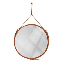Miroir fait main de style J. Adnet en cuir végétal tanné couleur tan, ø58 cm