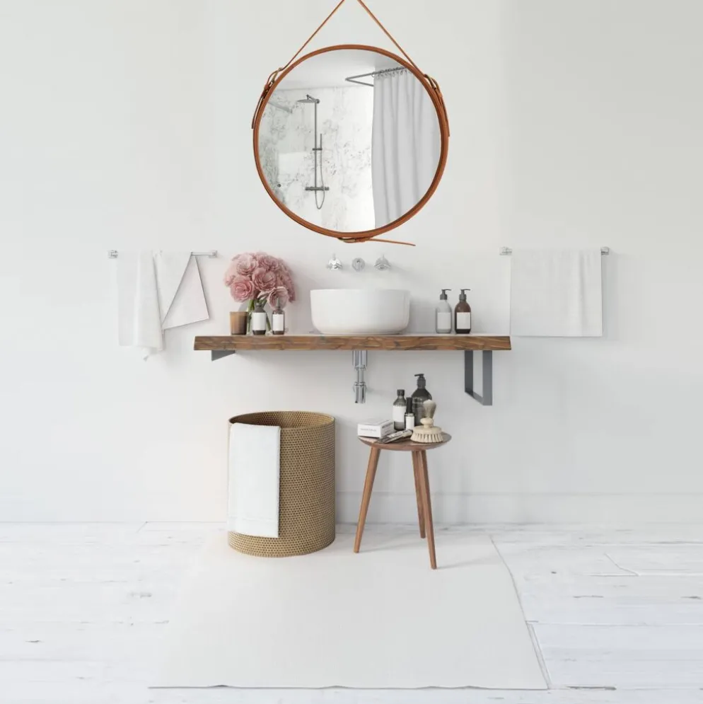 Miroir fait main de style J. Adnet en cuir végétal tanné couleur tan, ø58 cm