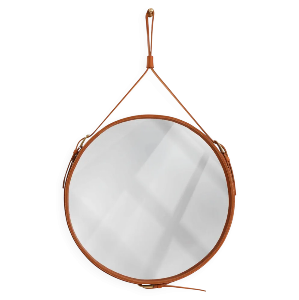 Miroir fait main de style J. Adnet en cuir végétal tanné couleur tan, ø58 cm