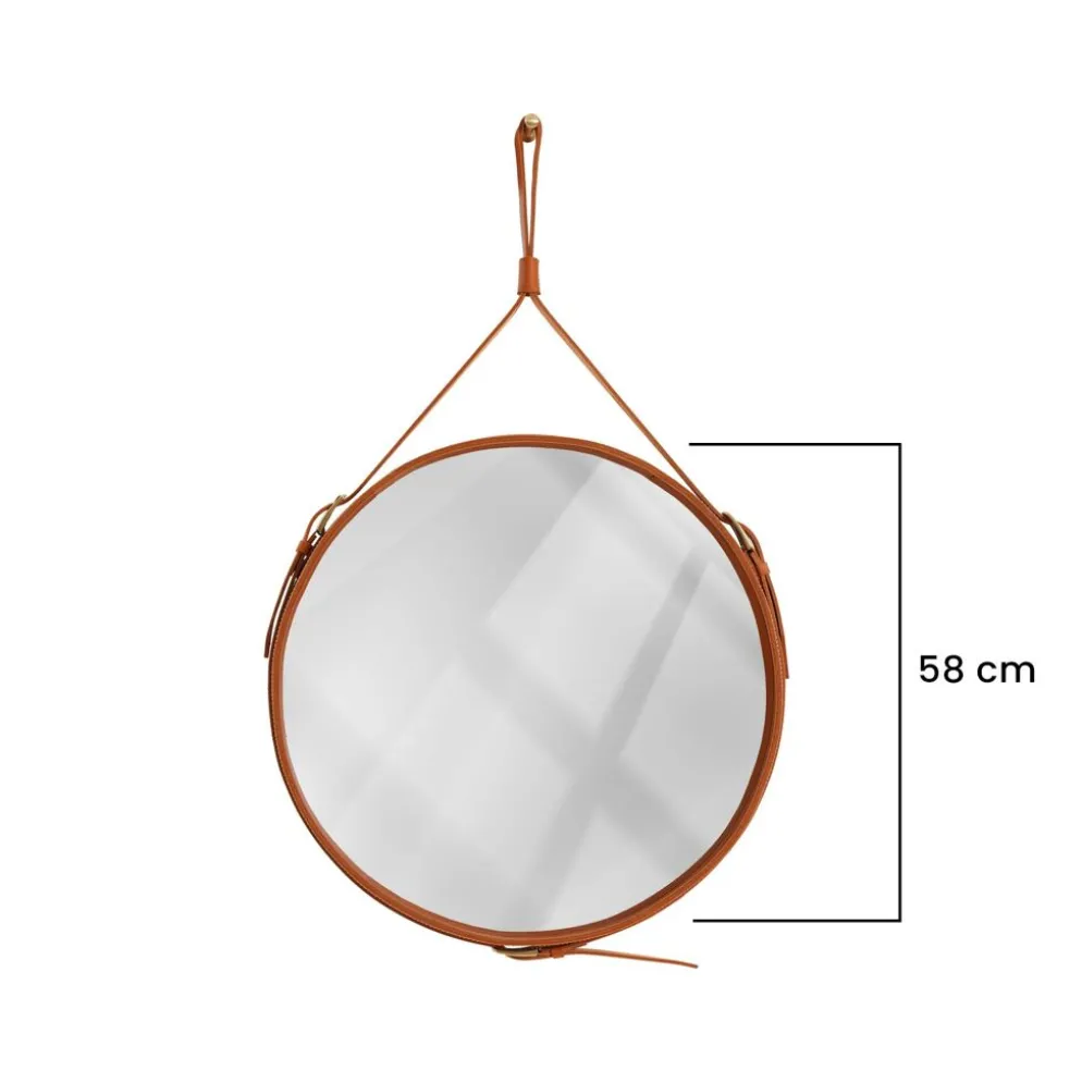 Miroir fait main de style J. Adnet en cuir végétal tanné couleur tan, ø58 cm