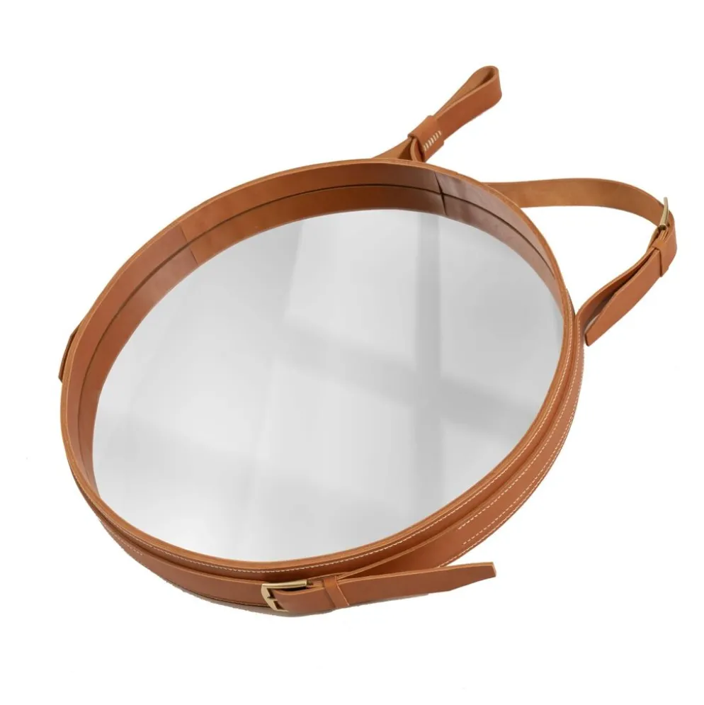 Miroir fait main de style J. Adnet en cuir végétal tanné couleur tan, ø58 cm