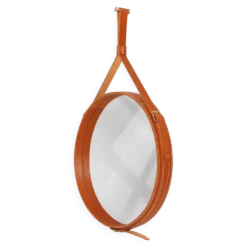 Miroir fait main de style J. Adnet en cuir végétal tanné couleur tan, ø58 cm
