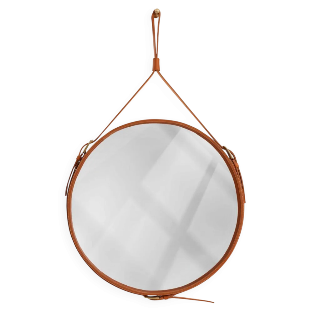 Miroir fait main de style J. Adnet en cuir tanné végétal de couleur tan, ø 70 cm