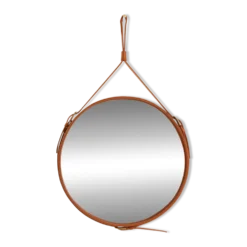 Miroir fait main de style J. Adnet en cuir tanné végétal de couleur tan, ø 70 cm