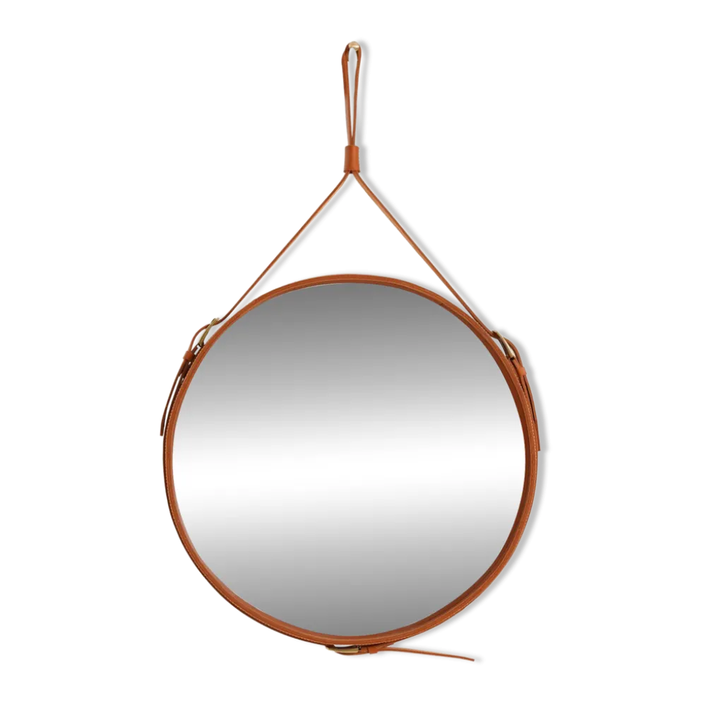 Miroir fait main de style J. Adnet en cuir tanné végétal de couleur tan, ø 70 cm
