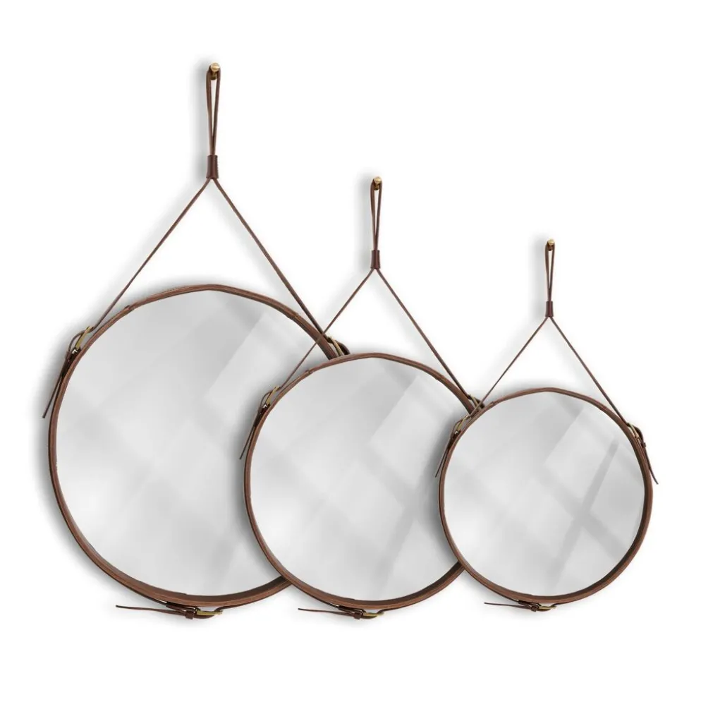 Miroir fait main de style J. Adnet en cuir végétal tanné marron, ø 45 cm