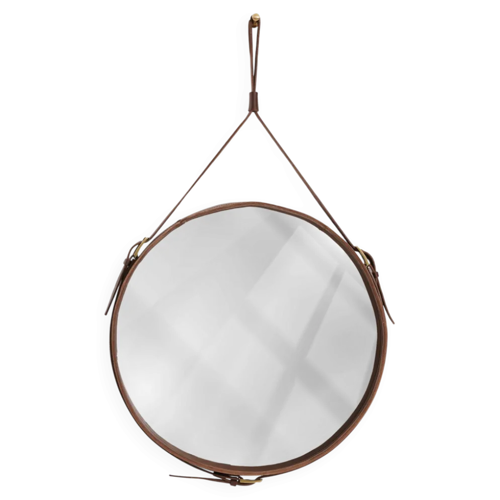 Miroir fait main de style J. Adnet en cuir végétal tanné marron, ø 45 cm