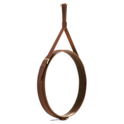 Miroir fait main de style J. Adnet en cuir végétal tanné marron, ø 45 cm