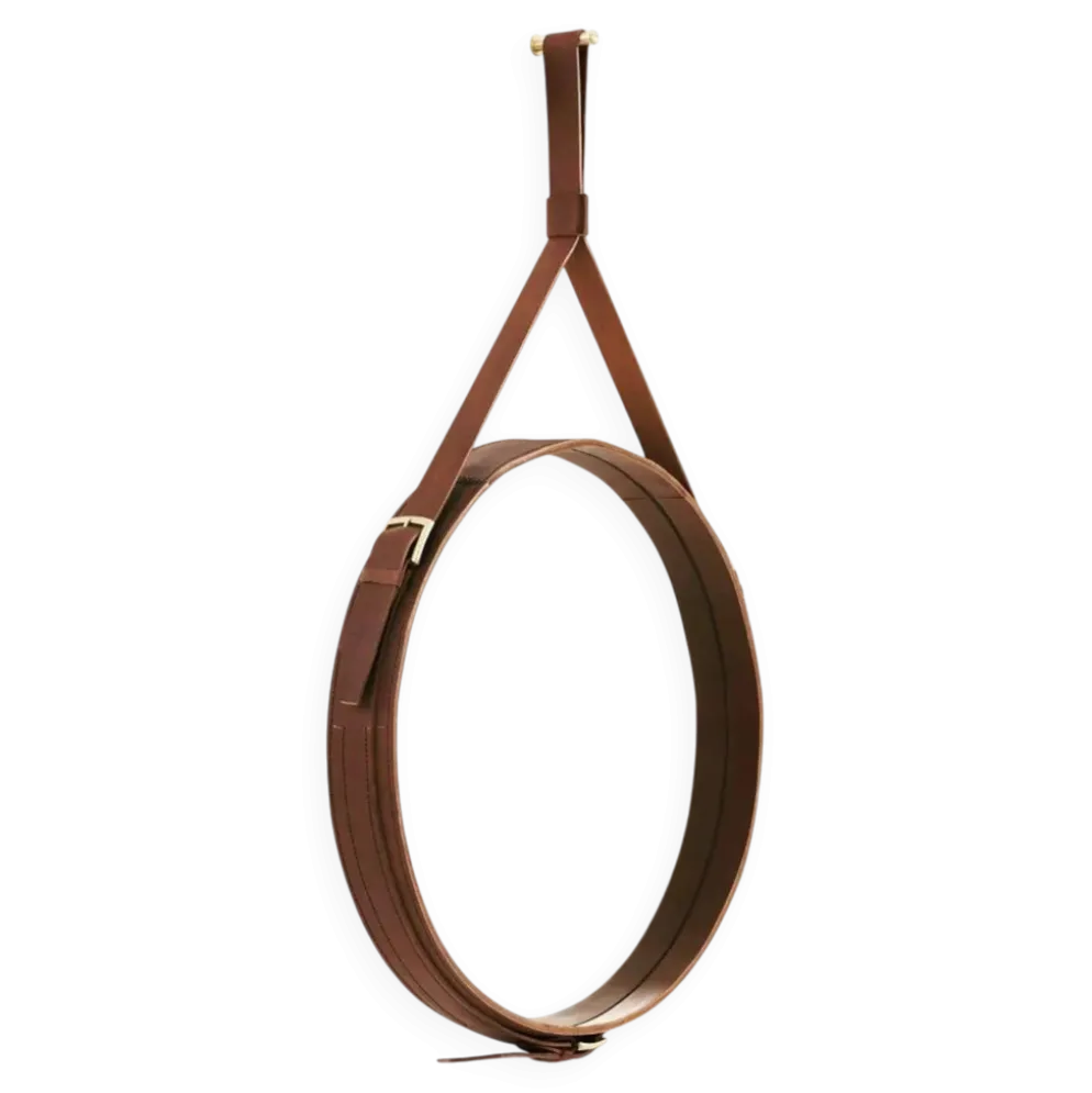 Miroir fait main de style J. Adnet en cuir végétal tanné marron, ø 45 cm