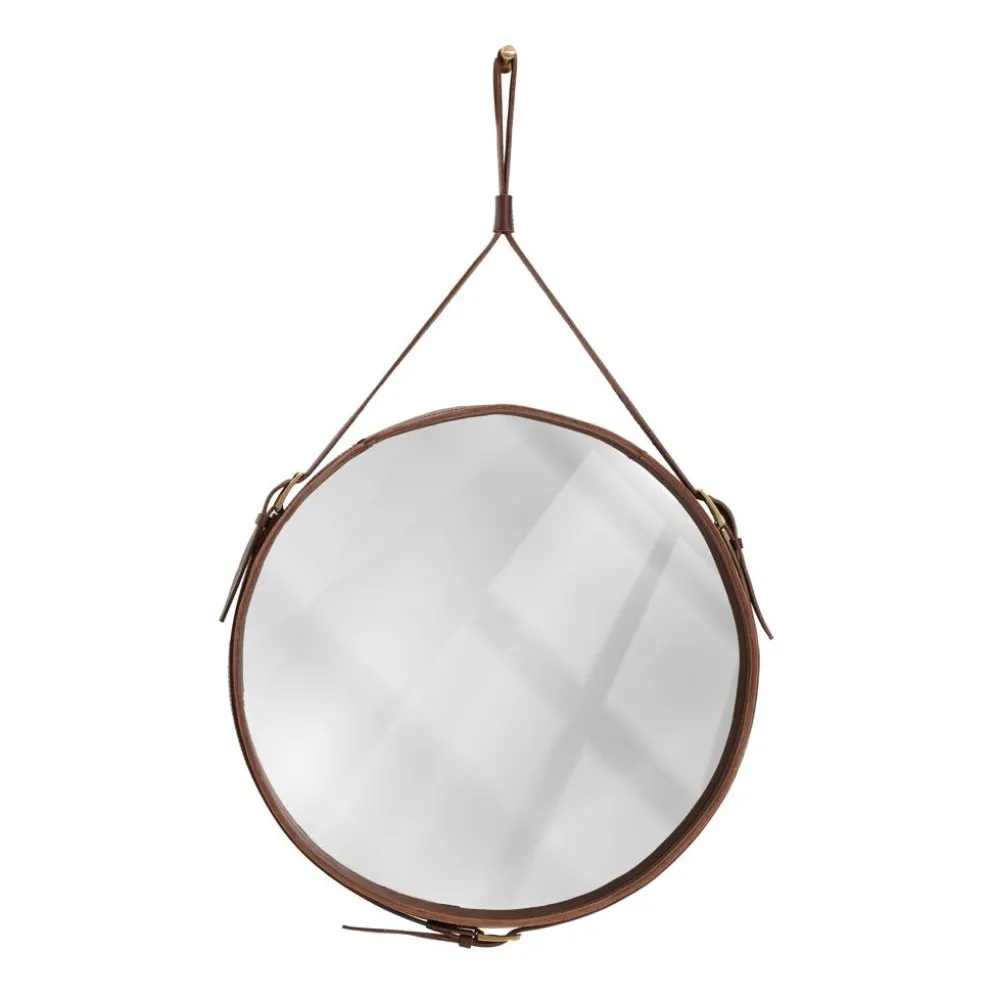 Miroir fait main de style J. Adnet en cuir végétal tanné marron, ø 45 cm