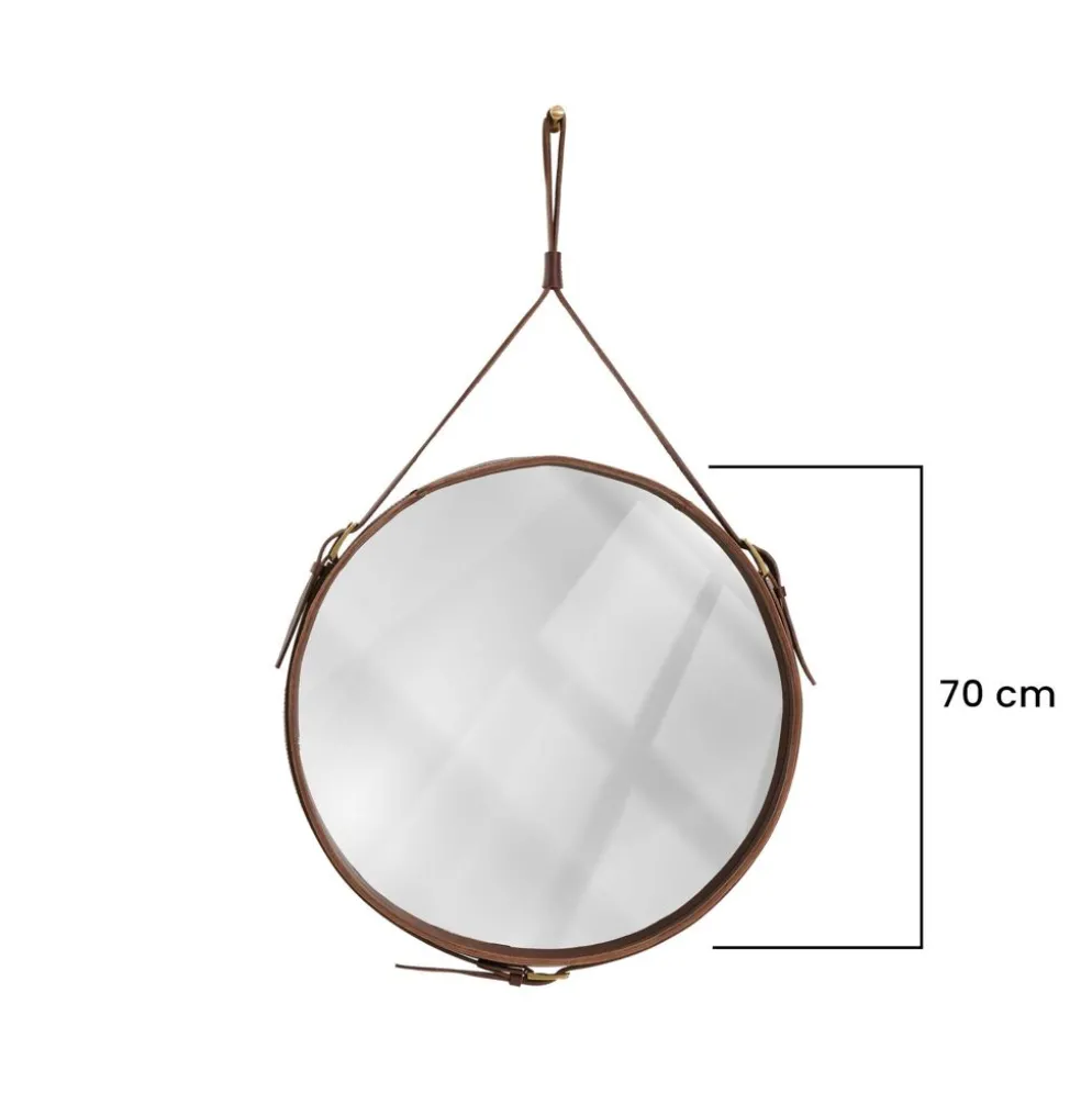 Miroir fait main de style J. Adnet en cuir végétal tanné marron, ø 45 cm
