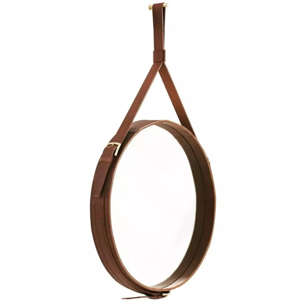 Miroir fait main de style J. Adnet en cuir végétal tanné marron, ø 45 cm
