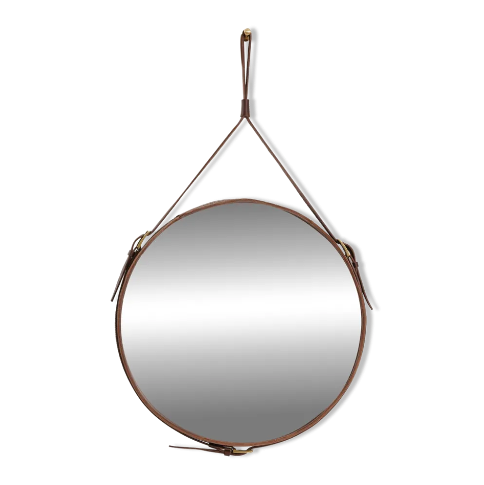 Miroir fait main de style J. Adnet en cuir végétal tanné marron, ø 45 cm