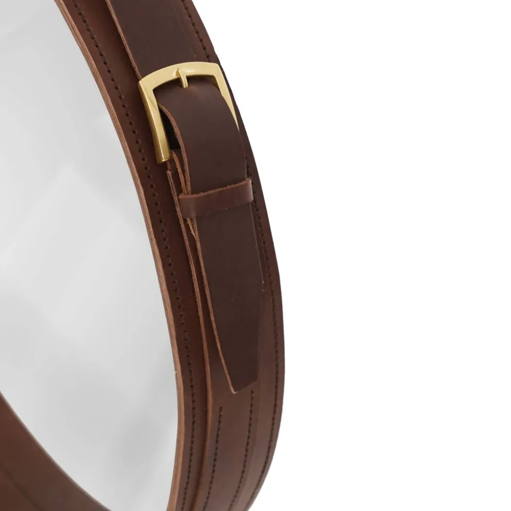 Miroir fait main de style J. Adnet en cuir végétal tanné marron, ø 45 cm