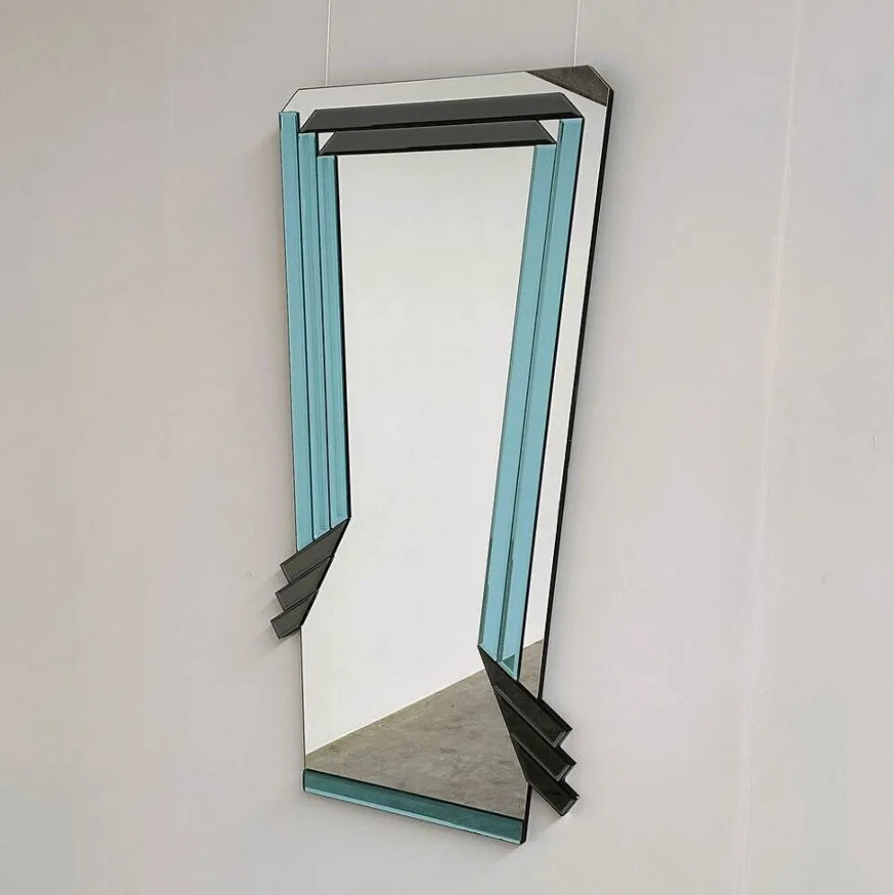 Miroir géométrique postmoderne avec verre fumé bleu et gris foncé, années 1980