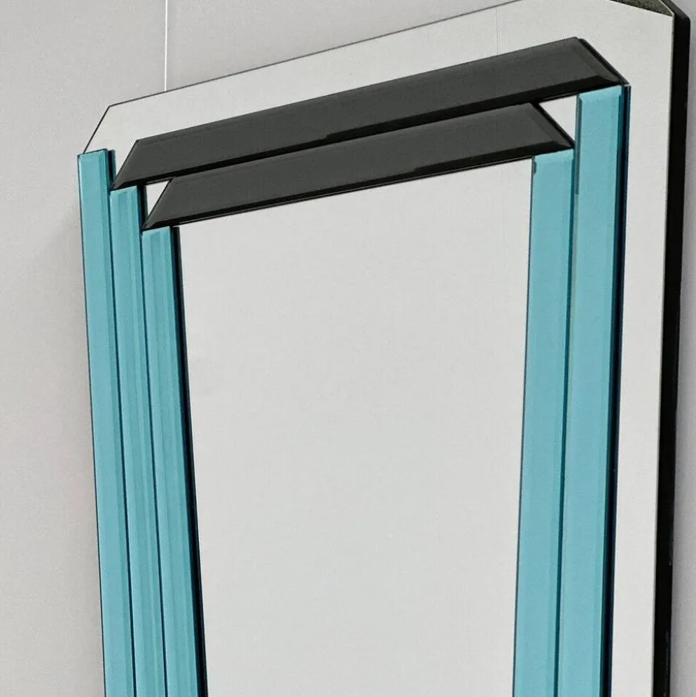 Miroir géométrique postmoderne avec verre fumé bleu et gris foncé, années 1980