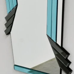 Miroir géométrique postmoderne avec verre fumé bleu et gris foncé, années 1980