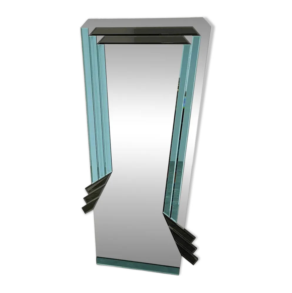 Miroir géométrique postmoderne avec verre fumé bleu et gris foncé, années 1980